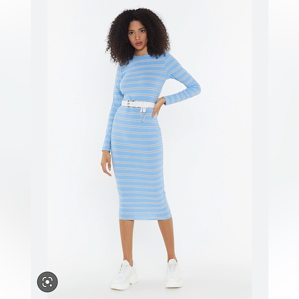 ISO Nasty Gal Blue Ribbed Striped bodycon long sleeve midi dress